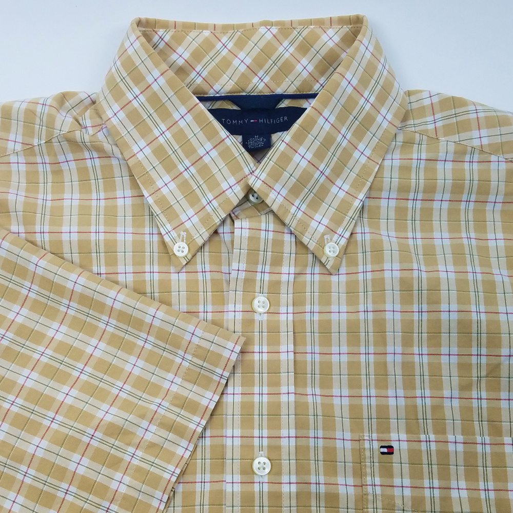 Tommy Hilfiger Shirt Size Medium M Tan White Plaid